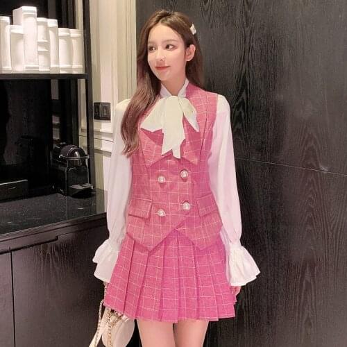 BLLOCUE Runway Autumn Winter Women Tweed 3 Piece Set Elegant Bow Collar Shirt+Plaid Double Breasted Vest + Pleated Skirt Suit