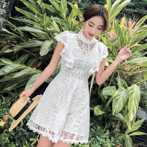 White Lace Dress Women Daisy Floral Embroidery Mini Dress Ruffles Summer Dress Beach Vintage Stand Neck Hollow Out Pearls A222