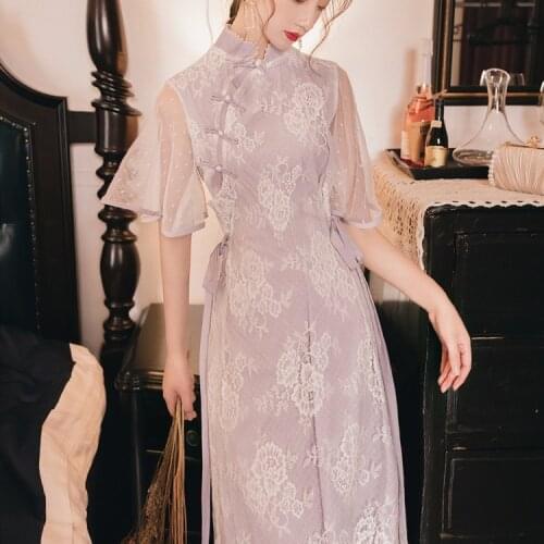 Spring and Summer New Womens Art Lace Lotus Leaf Sleeve Cheongsam New Modified Purple Dress Daily Women