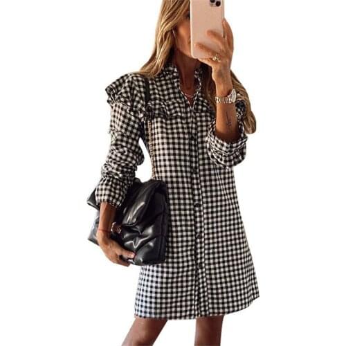 Winter Xmas Red Plaid Button Dress Long Sleeve Scottish Plaid Slim Dress Cotton Plaid Mini Dress Party Vestidos Vestido Oodji