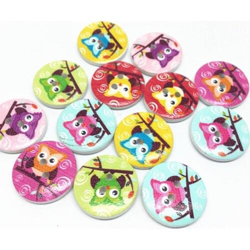 100pcs 15mm 20mm Owls Wooden Buttons Sewing Accessories 2 Holes Round Painted Button Embellishments For Scrapbooking Cardmaking