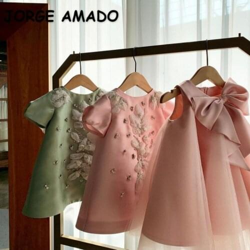 2021 New Summer Teenagers Girl Party Dresses Pink Green Appliques Bow Mesh Princess Dress Wedding Piano Perform Birthday E0909
