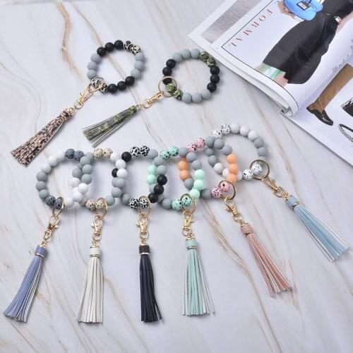 Leopard Silicone Tassel Keychain Unisex Multicolor Beads Bracelet Keyring PU Leather Accessories Wrist Strap Keychain Wholesale