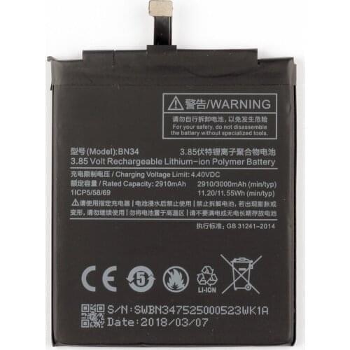 2pcs/lot New Phone repalcement Battery BN34 2910mAh for Xiaomi Redmi 5A Mobile li-ion Battery with gift