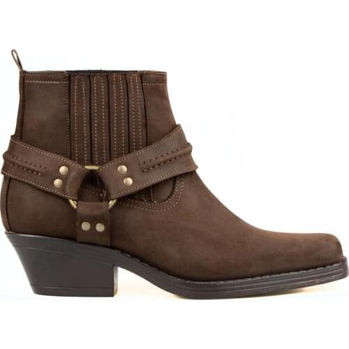 FootCourt Brown Genuine Oiled Leather Cowboy Boots For Women Western Biker Boots Square Toe Motorcycle Ankle Boots Elastic Sides