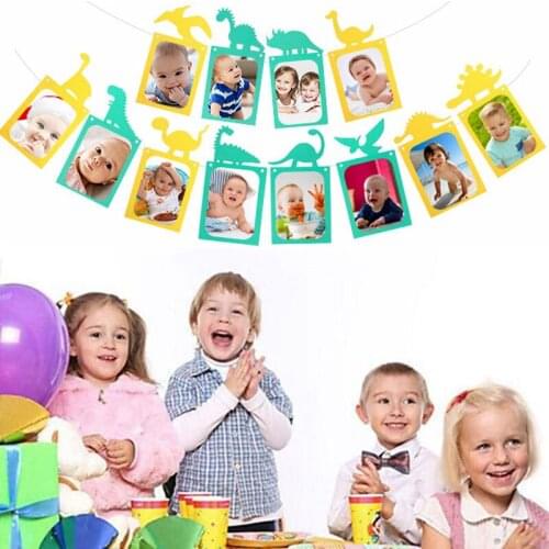 CYUAN 1set Dinosaur Photo Banner Balloon Happy Birthday Cake Topper 12 Month Banner Party Baby Shower First Birthday Decoration