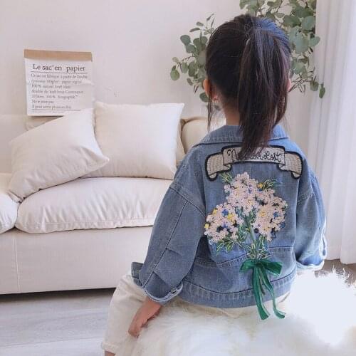 2-8T Pocket Kids Denim Jackets for Girls Sweet Floral Embroidery Fashion Children Clothes Kids Outwear Flower Print Jackets Coat