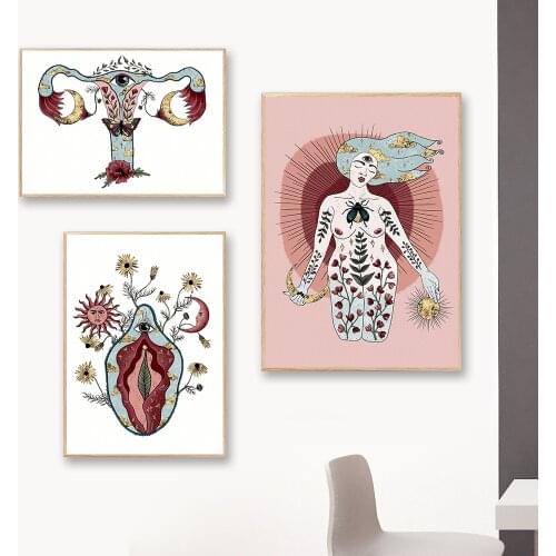 Sun And Moon Goddess Art Print Boho Feminist Poster Woman Uterus Ovary Vulva Vagina Canvas Picture Doctor Office Room Wall Decor