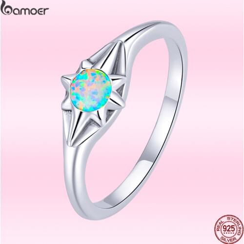 Bamoer Fashion Light Blue Opal Star Ring for Women Genuine 925 Sterling Silver Wedding Ring 2021 New Anniversary Jewelry Gift