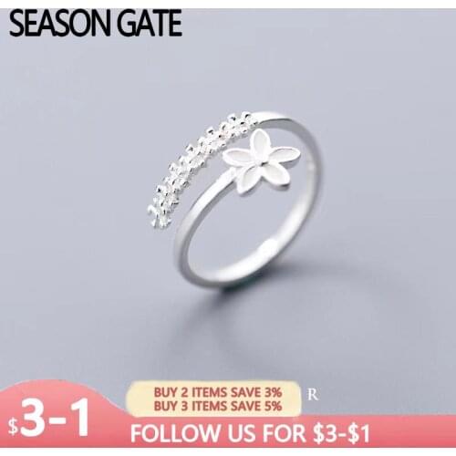 Season Gate 925 Sterling Silver Fashion Elegant Shining Flower Adjustable Size Open Ring for Women Girls SR015