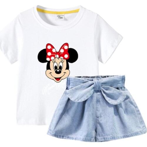 Summer Fashion Teen Girls Clothing Minnie Mouse Shirt&Denim Shorts Two Piece Set Little Children Outfits Cute Daisy Duck Clothes