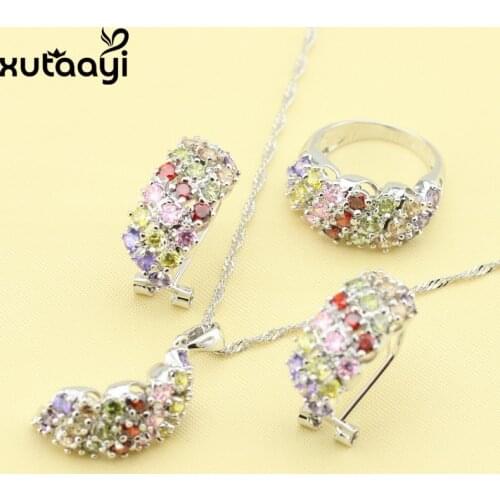 XUTAAYI Multicolor Stones Fashion Silver Jewelry Sets Superb Necklace Rings Earrings Wedding Jewelry