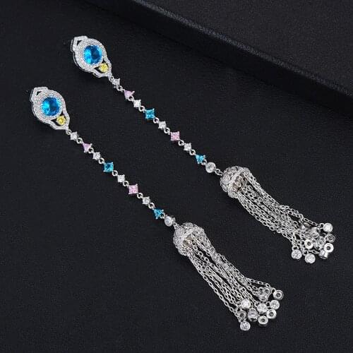LARRAURI Fashion CZ Crystal Pierced Earrings Big Clock Long Drop Statement Tassel Earrings For Women Wedding Engagement Jewelry