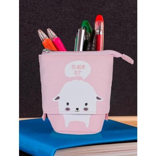 Cartoon Cute Pencil Bag Canvas Pencil Case Creative Retractable Pencil Case Student Standing Stationery Box Cosmetic Storage Bag
