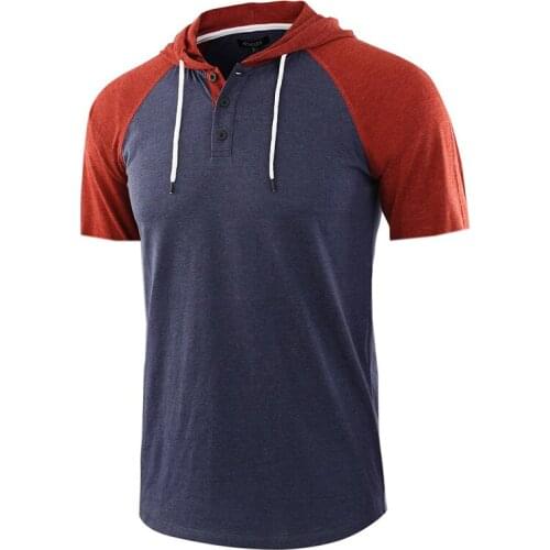 Mens Summer Leisure Slim Simple Solid Color Stitching Button Top Round Neck Hooded Drawstring Sweater T-shirt Hot Sale