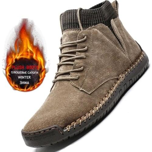 Mens Walking Shoes Winter Plush Warm Snow Boots Men Motorcycle Boot Lace-Up Ankle Boot Male Non-slip Work Shoes Sneakers Size 48