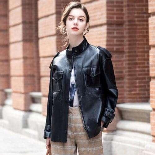 Real Leather Coat Women Brand windbreaker 2021 spring autumn sheep skin casual fashion waist small leather woman long 009