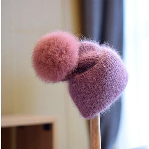New Winter Thick Warm Skullies Pompom Cap For Women Rabbit Fur Knitted Beanies Hat With Detachable Real Fox Fur Pom Poms
