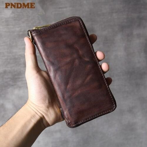PNDME fashion retro genuine leather multifunctional mens long clutch wallet simple natural real cowhide ladies phone coin purse