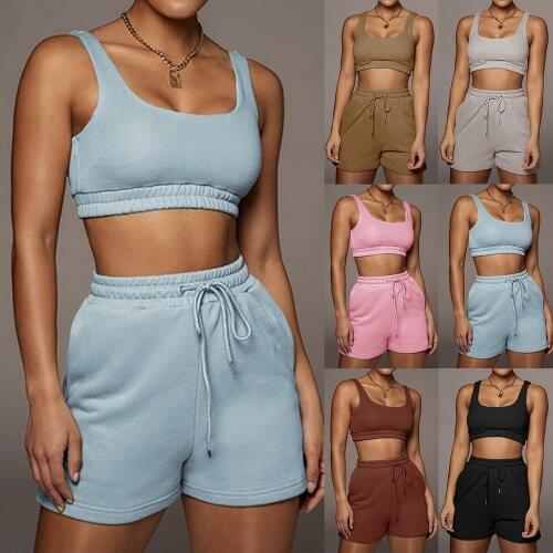 Casual Solid Sportswear Yoga Two Piece Sets Women 2021 Crop Top And Drawstring Shorts Matching Set Summer Athleisure Outfits