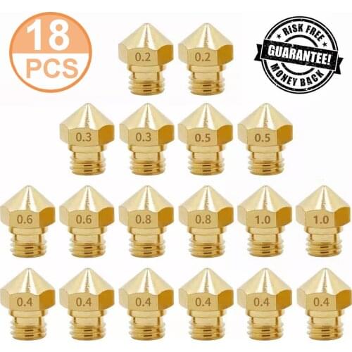 MK10 Nozzles for 3D Printer,18Pcs M7 Brass Extruder Head Hotend Nozzles 0.2/0.3/0.4/0.5/0.6/0.8/1.0 mm Fit 1.75mm Filament
