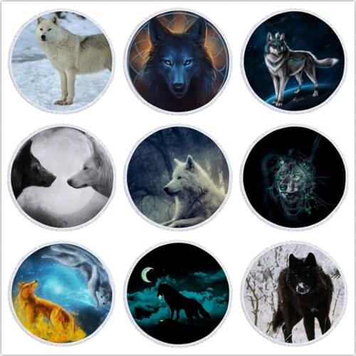 Bath Towels For Adult Kids 3D Black White Wolf Printed Microfiber Round Thick Beach Towel Yoga Mat Tassels Blanket Home Decor