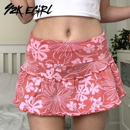 Y2K EGIRL Y2K Aesthetics Pink Floral Print Ruffles Micro Skirts Vintage 2000s Low Waist Patchwork A-line Skirt Kawaii Outfits