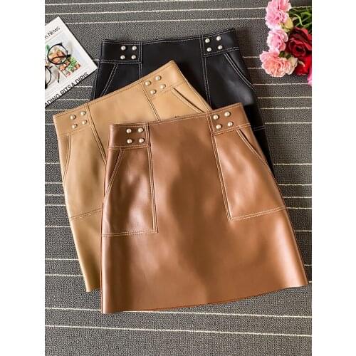 2021FW Autumn New Women Sheepskin Genuine Leather A-Line Skirt For Female 3 Color