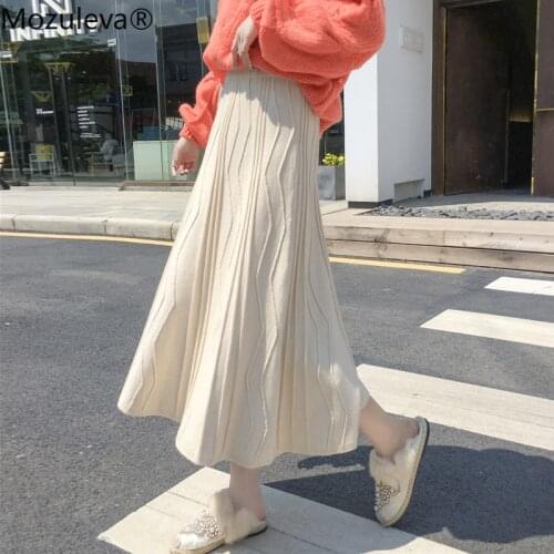 Mozuleva 2020 Autumn and Winter Knitted A- Line Skirts Womens High Waist Mid-Length Skirt Slim Long Skirt All-match Skirt