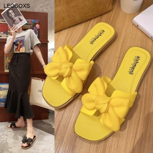 2021 Womens Summer Big Bow Slippers Fashion Plastic Material Solid Color Casual Beach Wear-resistant Flat Shoes