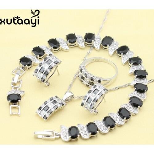 Fashion Silver colorcolor Jewelry Sets For Women Black Cubic Zirconia White CZ Superb Necklace Rings Earrings Bracelet Free Box