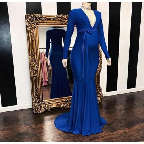 Royal Blue Long Mermaid Prom Dresses with Sleeves Zipper Back Robe De Soiree Floor Length Spandex V-Neck Formal Party Gown