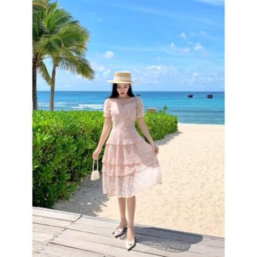 2020 High-end Custom Fashion runway Lace Dress Summer New V neck lace bow sweetMedium length cake Dress