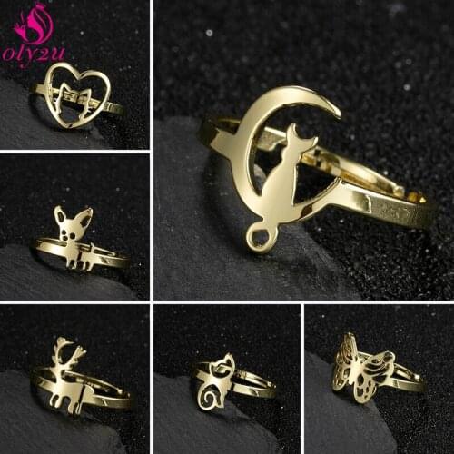 Ladies Animal Stainless Steel Heart Gold Adjustable Size Wedding Ring Cute Cat Dog Butterfly Ring Silver Color Jewelry Gift 2021