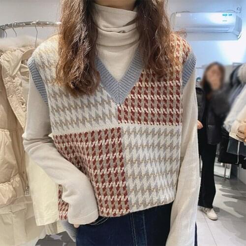 12232 Korean Pullover Knit Vest Women Fall Winter New Loose Plaid Color Contrast V-Neck Simple Urban Leisure Waistcoat All-Match