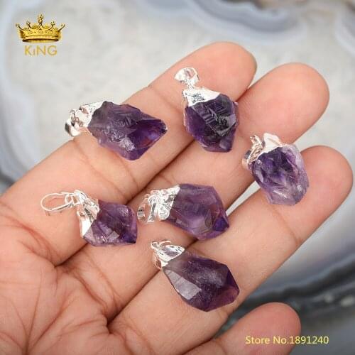 10pcs Natural Purple Quartz Nugget Pendants,Silvery Caps,Amethysts Charms for Jewelry making,Wholesale Beads