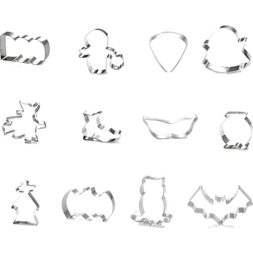 12pcs/set DIY Stainless Steel Halloween Cookie Mold Witch&bat&pumpkin&broom Various Shapes Cake Mold Baking Mould Kitchen Tool