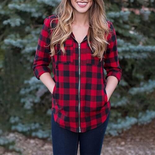 2020 Autumn Casual Women Stripe Plaid Chest Pockets Coat Long Sleeve Hoodie Zipper Shirt Top Elegant Pullover Jumpers