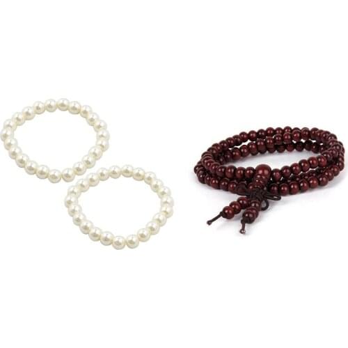 3 Pcs Bracelet: 2 Pcs White Faux Pearls Beaded Elastic Bracelet & 1 Pcs Tibetan Style Mala Buddhist Bracelet