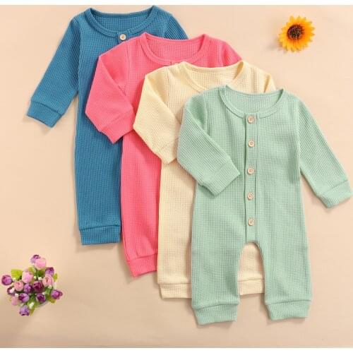 Ma&Baby 0-18MNewborn Infant Baby Boy Girl Jumpsuit Button Long Sleeve Romper Solid Color Autumn Spring Baby Clothes D84