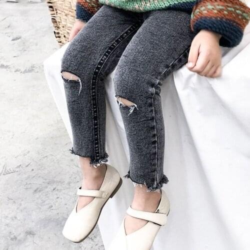 Girls Jeans 2021 Spring New Year Girls Black Ripped Jeans Hole Leggins Toddler Denim Casual Trousers for 2 3 4 5 6 7 8 Years