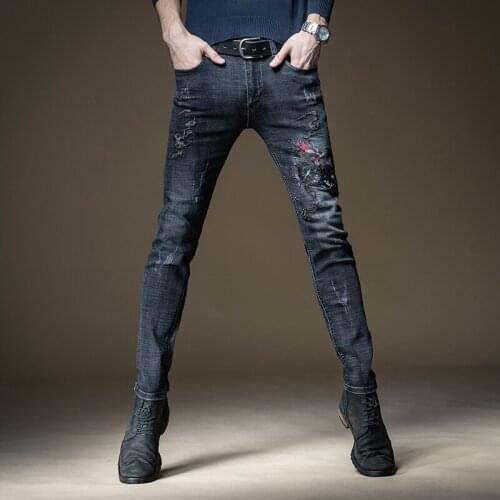 Free shipping new fashion male mens Jeans Slim Summer stretch Chinese traditional antique embroidery slim-fit trousers men