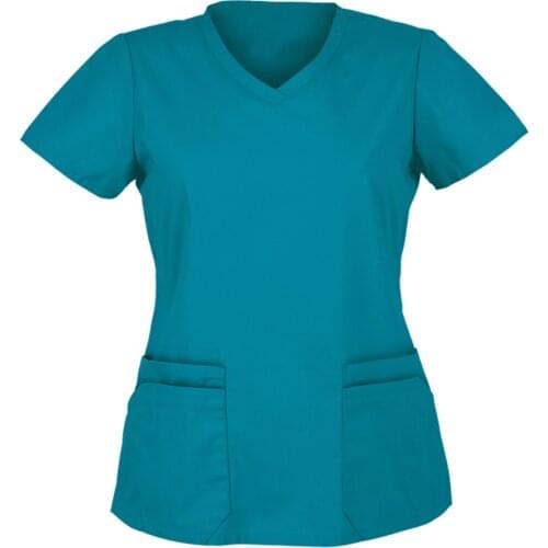 40# Women T-shirts Top Short Sleeve V-neck Tops Pockets Working Uniform Solid T-shirts Ladies Nurse Uniform Female Tshirts Топ