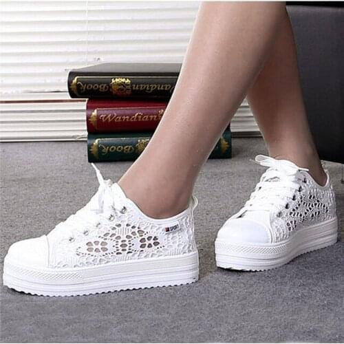 Women shoes 2020 fashion summer casual white shoes cutouts lace canvas hollow breathable platform flat shoes woman sneakers