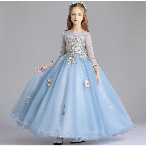 Flower Girl Dresses O-Neck Three Quarter Princess Lace Crystal Embroidery Pearls Floor-Length Tulle Luxury Kids Party Gown H137