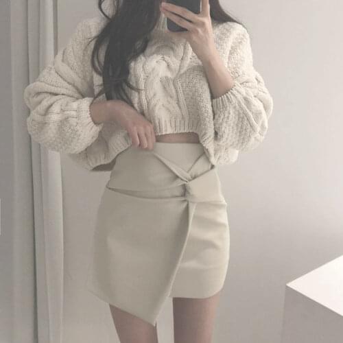 Obrix Trendy Chic Female Skirt Faux Leather Assymetric Length Short High Waist Sexy Skirt For Women