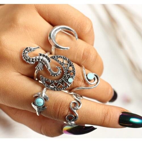 6Pcs/Set New Bohemian Midi Finger Joint Rings For Women Love Letter Blue Stone Hippocampus Moon Ring Sets Anillos Beach Jewelry