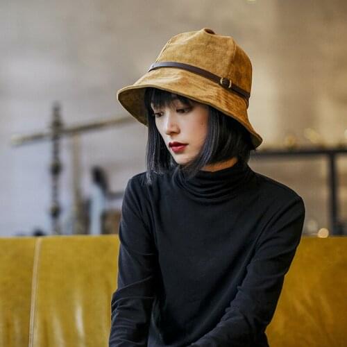 Womens Corduroy Bucket Hats Autumn Winter Outing Sunscreen Sunshade Belt Wave Leisure Basin Hat