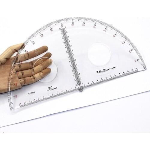 Plastic protractor 180 degrees, 25 cm in diameter, transparent organic material