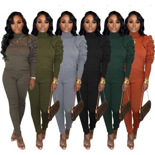 Casual Workout Sportwear Women Two Piece Set High Necked Long Puff Sleeve Sweatshirt and Jogger Sweatpants Autumn Winter Clothes